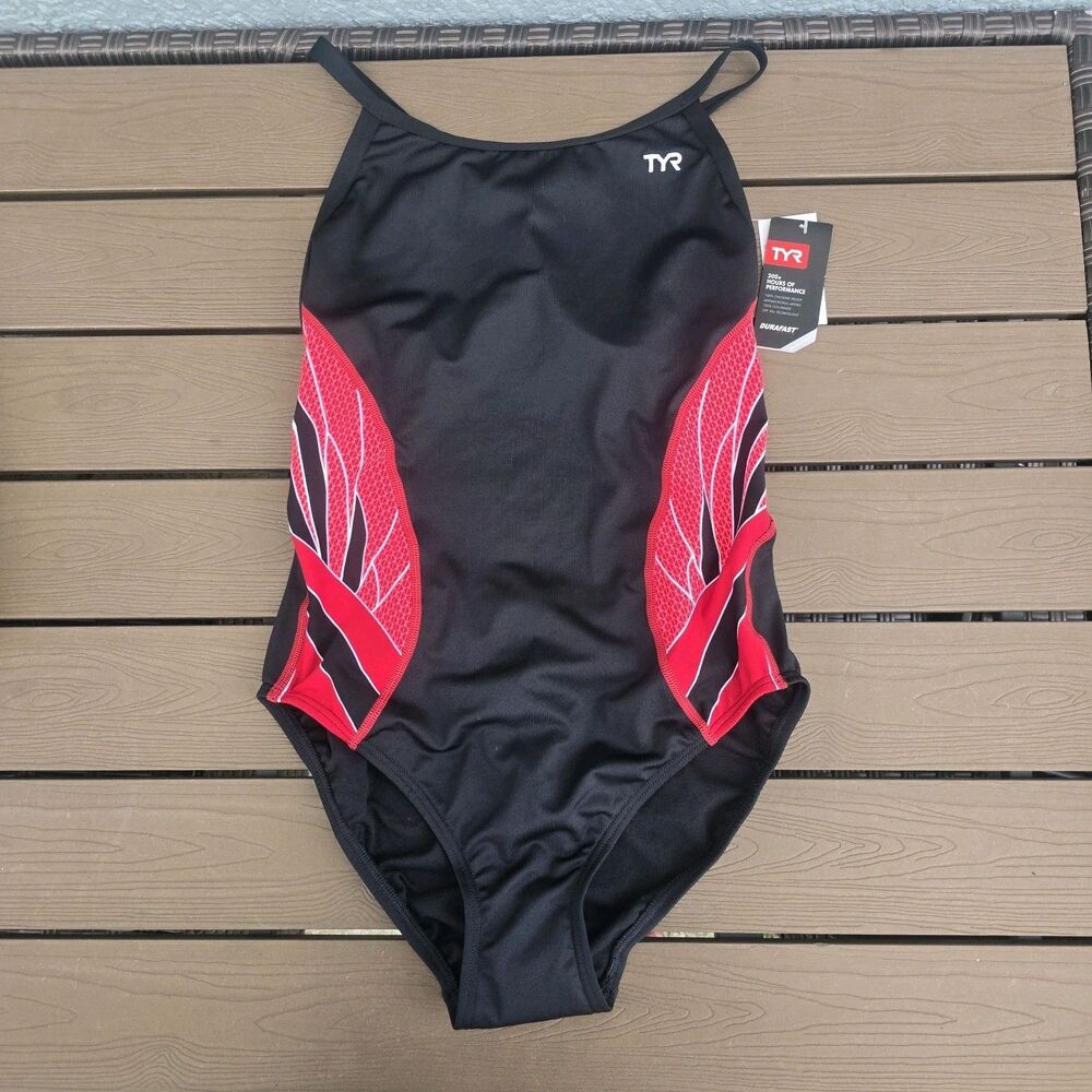TYR Durafast Elite Women's Phoenix Diamondfit Black/red One Piece Swim Sz 40 New
